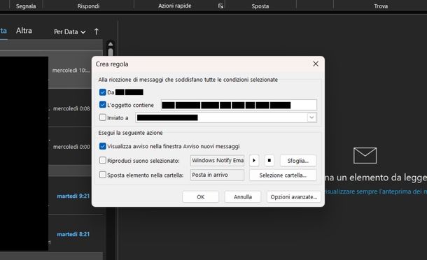 Creare regole Outlook classic Windows