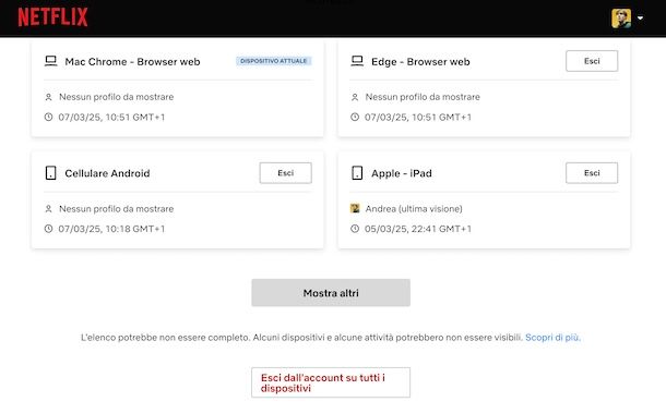 Scollegare Netflix da tutti i dispositivi
