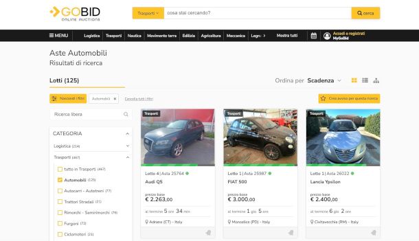 pagina sito Gobid per ricerca veicoli