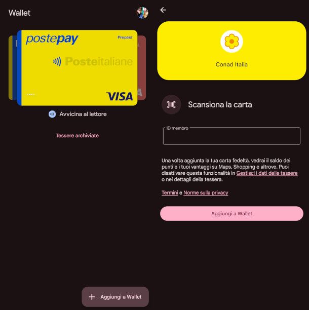schermate app Wallet Android