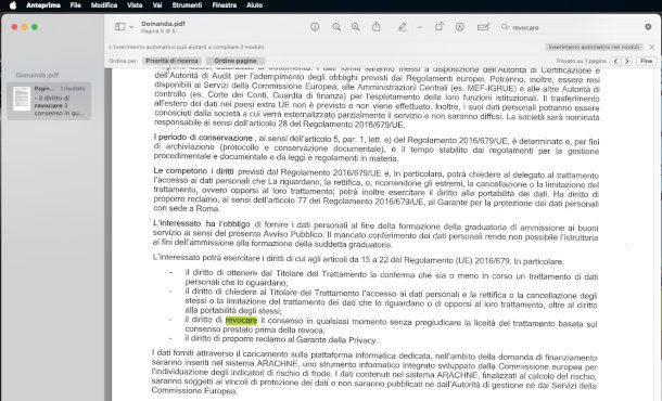 ricerca testo PDF su Anteprima per Mac