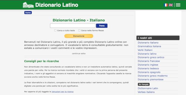 schermata sito Dizionatio Latino Olivetti