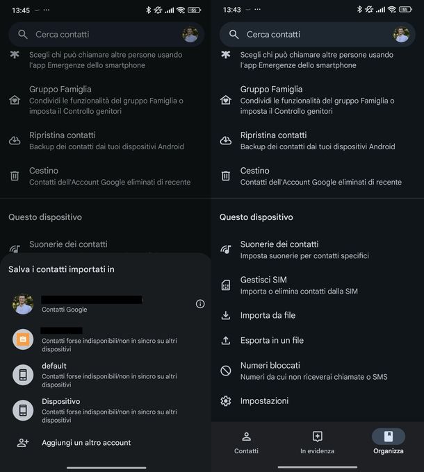 Importazione contatti Google Android
