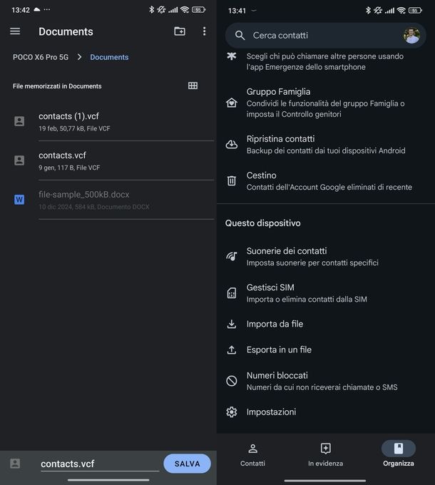 Esportazione contatti Google Android