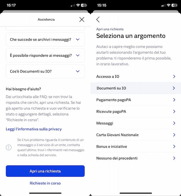Aprire richiesta assistenza su app IO