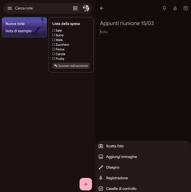 schermate app Google Keep