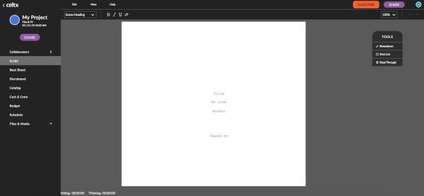 interfaccia Web app Celtx