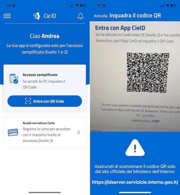 Scansionare codice QR con app CieID