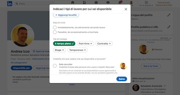 Inserire open to work su LinkedIn