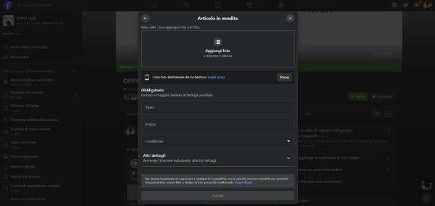 vendita gruppo Facebook