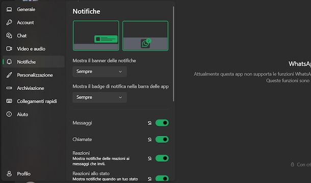 Notifiche personalizzate WhatsApp Windows