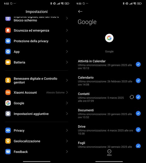 Sincronizzazione account Google Android