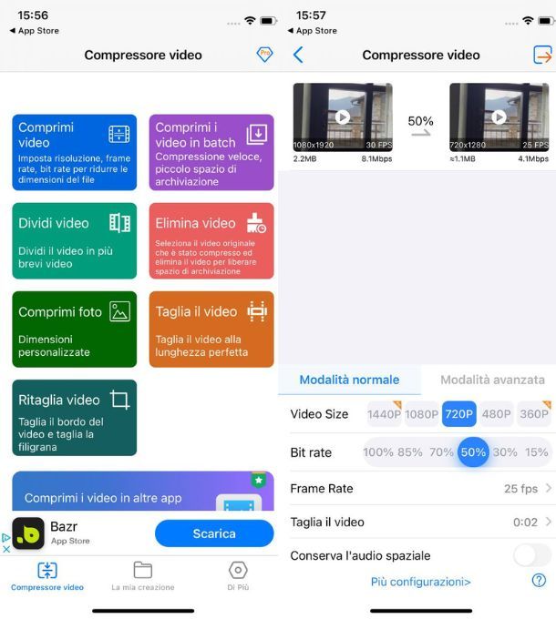 compressore video ridurre iphone