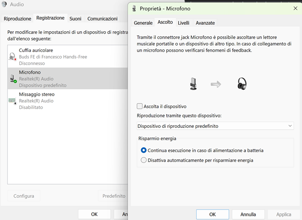 ascoltare microfono windows