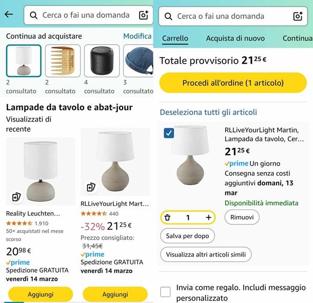 Il carrello dell'app Amazon