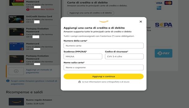 Il procedimento per aggiungere la Postepay su Amazon
