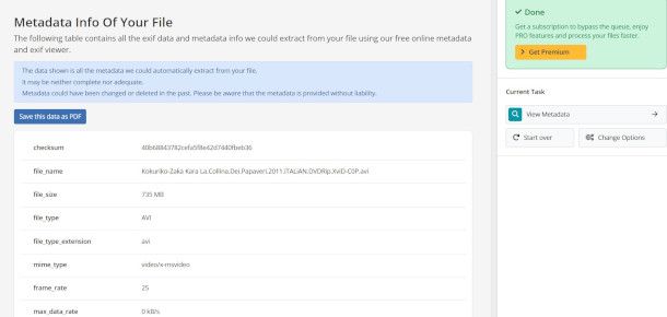 schermata di riepilogo Metadata2go