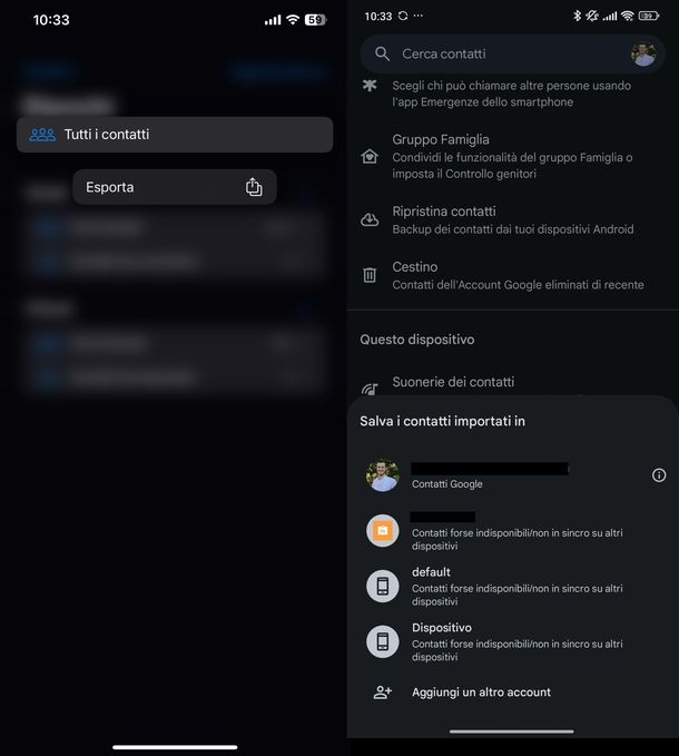 Trasferimento manuale contatti Android iPhone