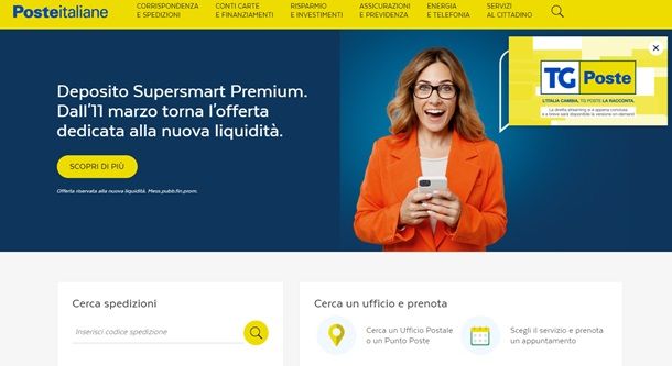 La pagina principale del sito Poste.it
