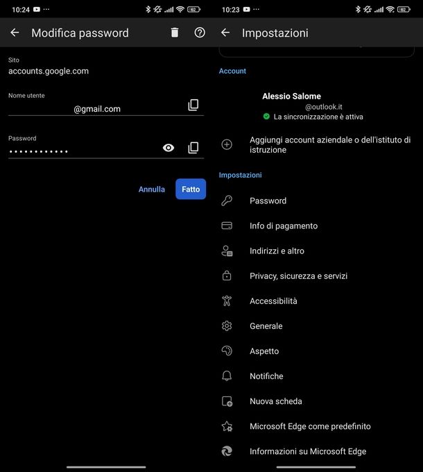 Vedere indirizzi email Microsoft Edge Android