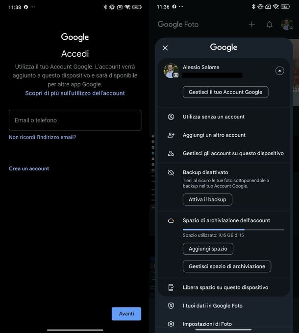 Cambiare account Google Foto Android
