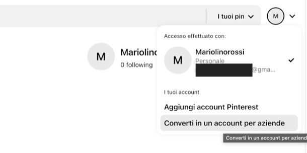 Convertire account personale Pinterest in aziendale