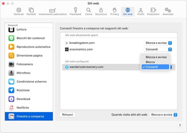 bloccare popup Safari