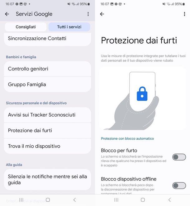 come disattivare blocco furto Android