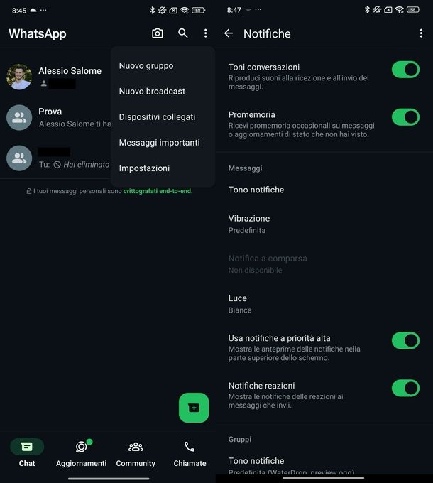 Notifiche personalizzate WhatsApp Android