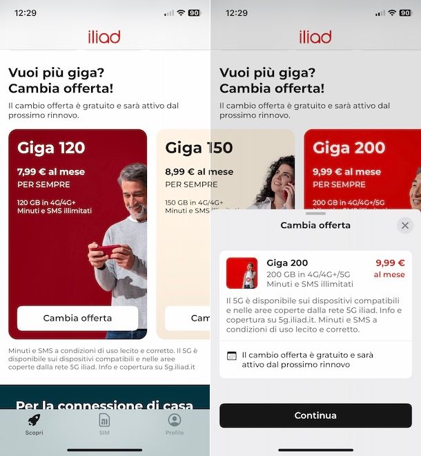 Cambiare offerta iliad da app