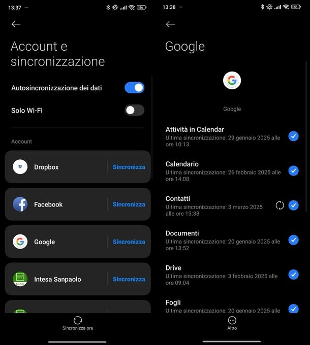 Sincronizzazione account Google Android