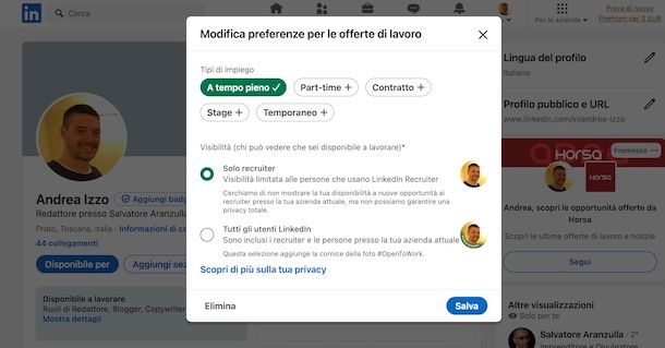 Disattivare open to work su LinkedIn