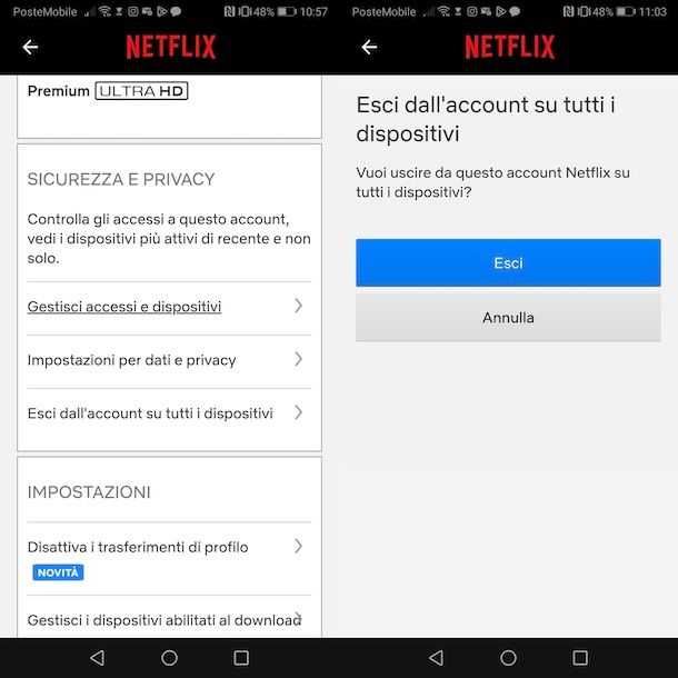 Scollegare account Netflix da tutti i dispositivi da app