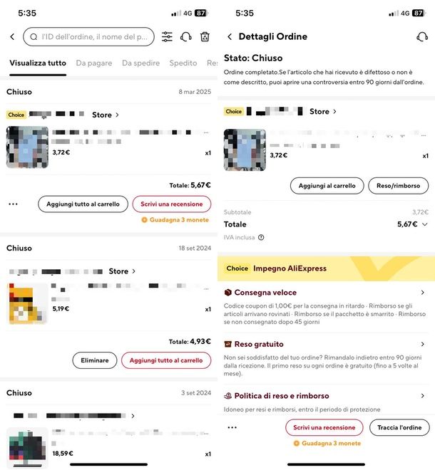 Come fare reso AliExpress app