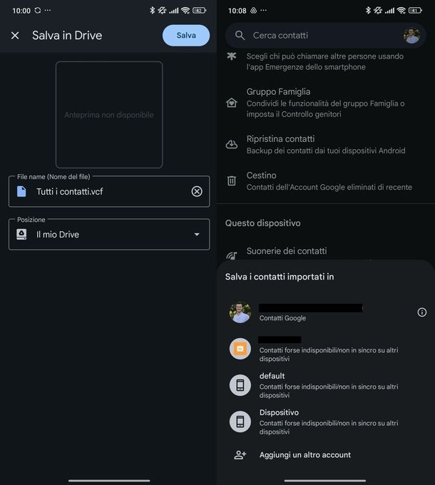 Trasferimento manuale contatti Android