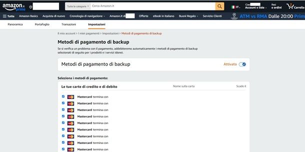 Il procedimento per attivare il metodo di backup su Amazon