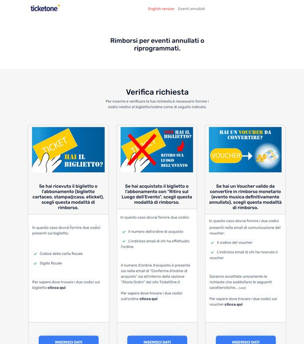 Pagina rimborsi TicketOne