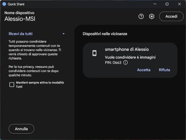 Trasferire foto da Xiaomi a PC Quick Share