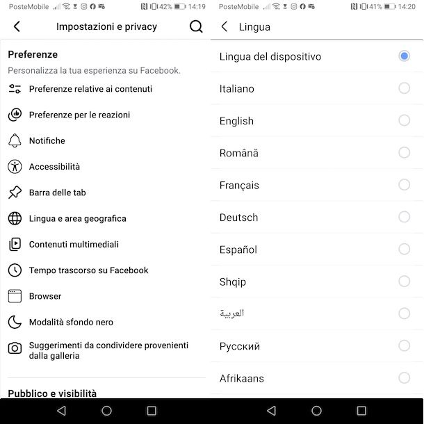 Cambiare lingua Facebook su Android