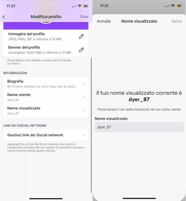 Cambiare nome visualizzato su Twitch
