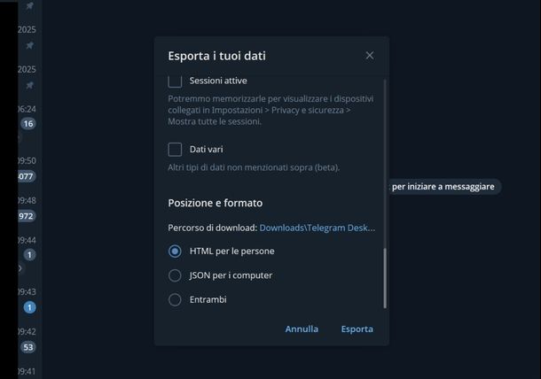 Esportare chat Telegram Desktop macOS