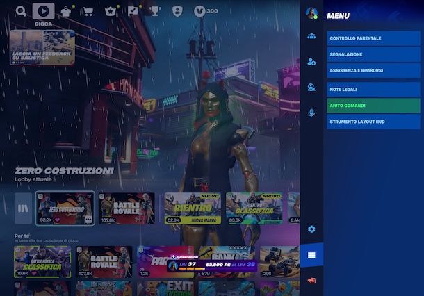 Sezione Aiuto comandi di Fortnite