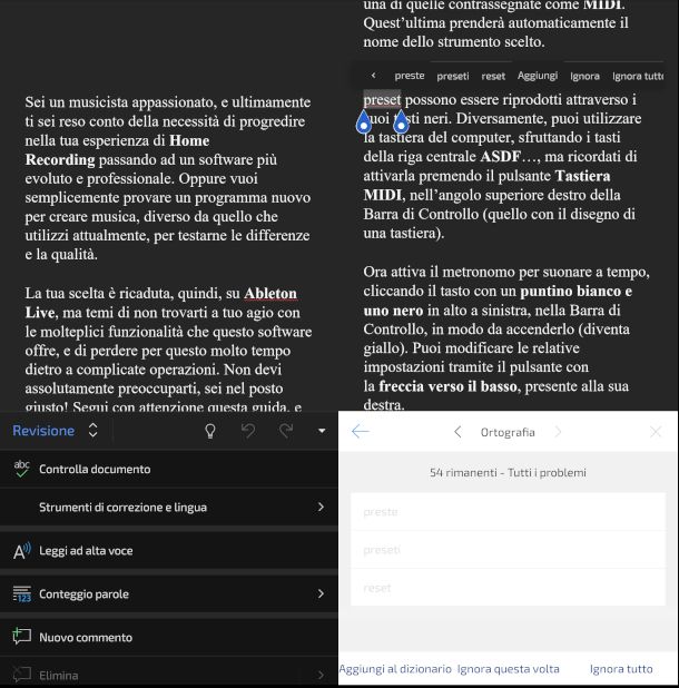 controllo ortografico su app Word