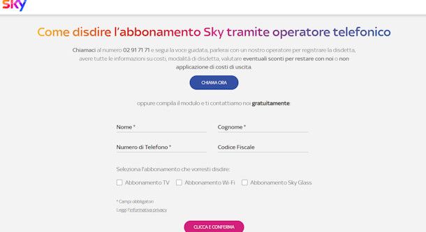 Farsi chiamare da Sky per disdetta