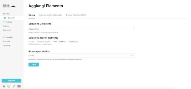 interfaccia caricamento album musicali su Libib