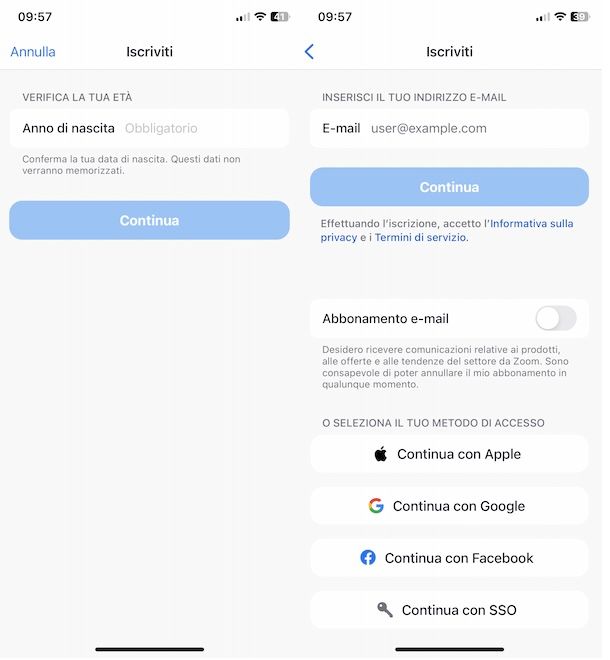 Registrarsi su Zoom da app