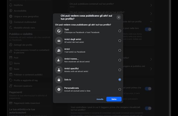 Rendere privato diario Facebook computer