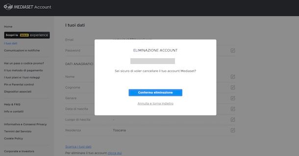 Cancellare account Mediaset Infinity