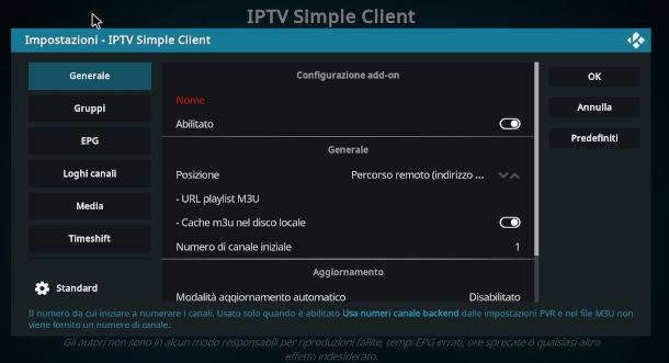 impostazione IPTV client su Kodi
