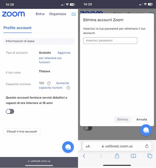 Eliminare account Zoom da telefono